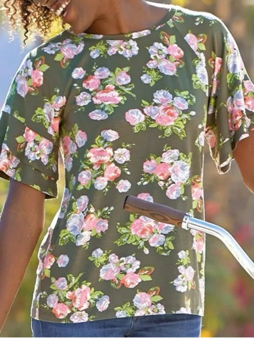Matilda Jane women’s short bell sleeve floral Olive with Pink Roses size large